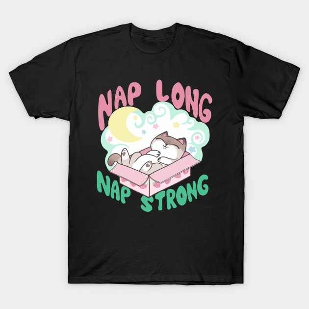 Nap Long Nap Strong Sleepy Cat in Box Sleeping Kitty T-Shirt by BluVelvet